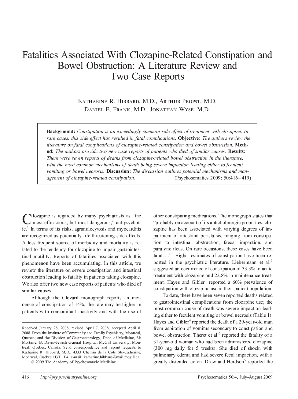 Fatalities Associated With Clozapine-Related Constipation and Bowel Obstruction: A Literature Review and Two Case Reports