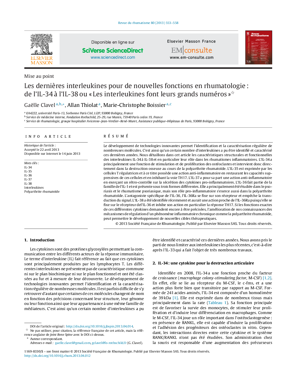 Les dernières interleukines pour de nouvelles fonctions en rhumatologie : de l’IL-34 à l’IL-38 ou « Les interleukines font leurs grands numéros » 