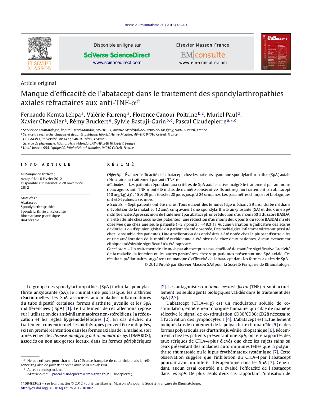 Manque d’efficacité de l’abatacept dans le traitement des spondylarthropathies axiales réfractaires aux anti-TNF-α 