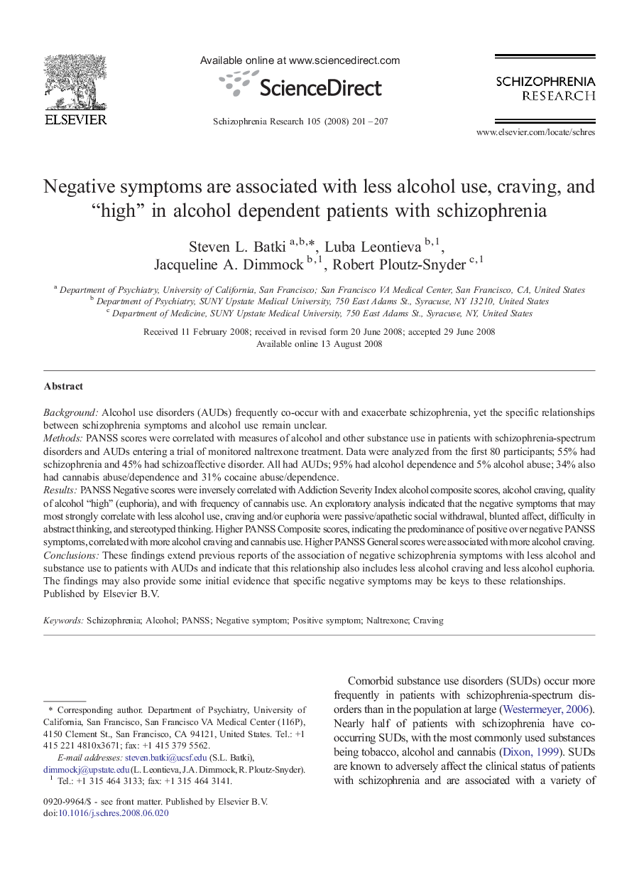 Negative symptoms are associated with less alcohol use, craving, and “high” in alcohol dependent patients with schizophrenia