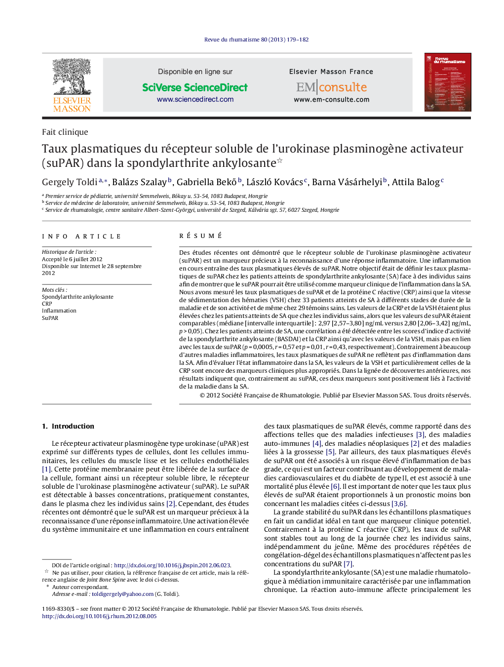 Taux plasmatiques du récepteur soluble de l’urokinase plasminogène activateur (suPAR) dans la spondylarthrite ankylosante 