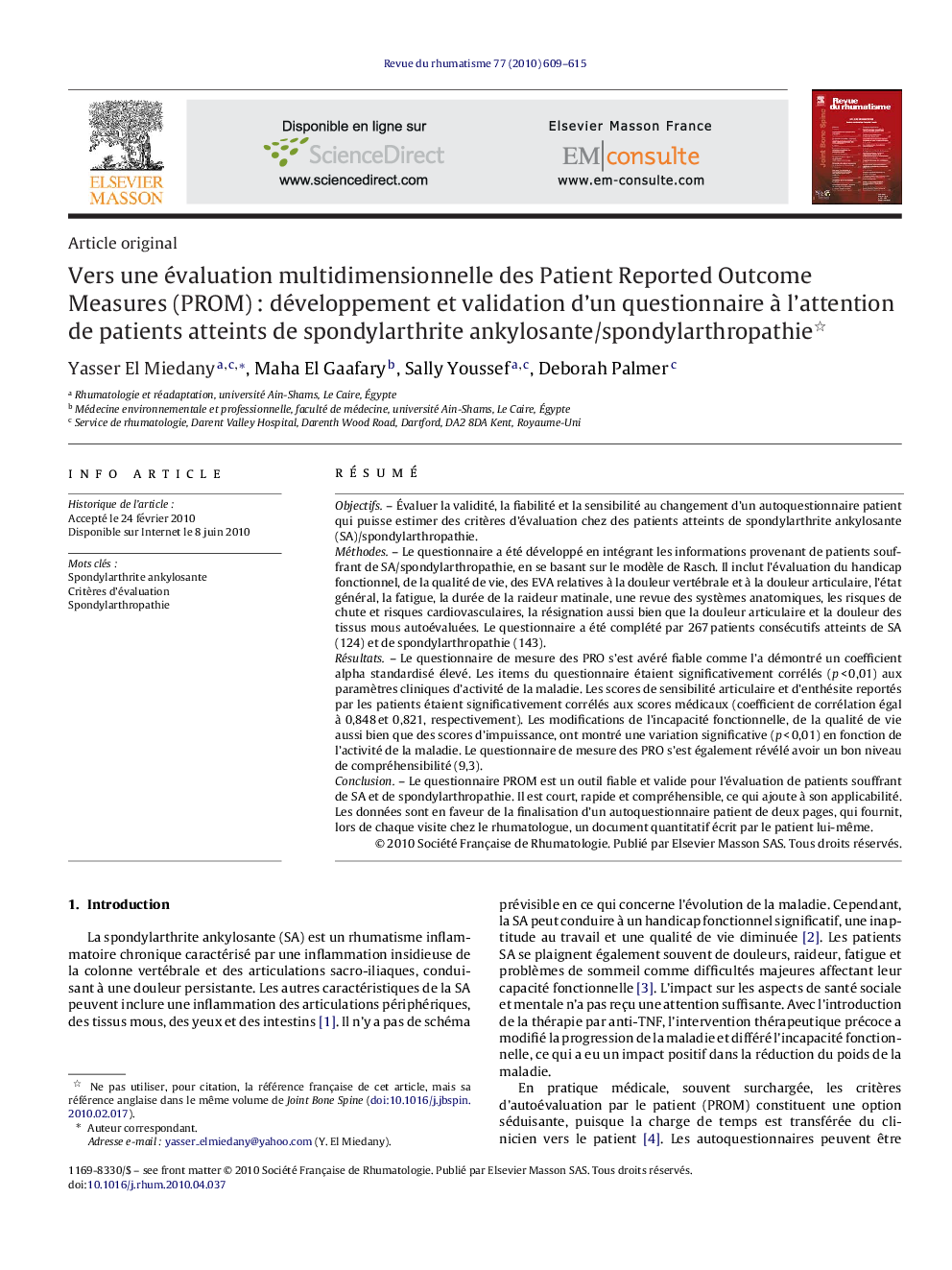 Vers une évaluation multidimensionnelle des Patient Reported Outcome Measures (PROM) : développement et validation d’un questionnaire à l’attention de patients atteints de spondylarthrite ankylosante/spondylarthropathie 