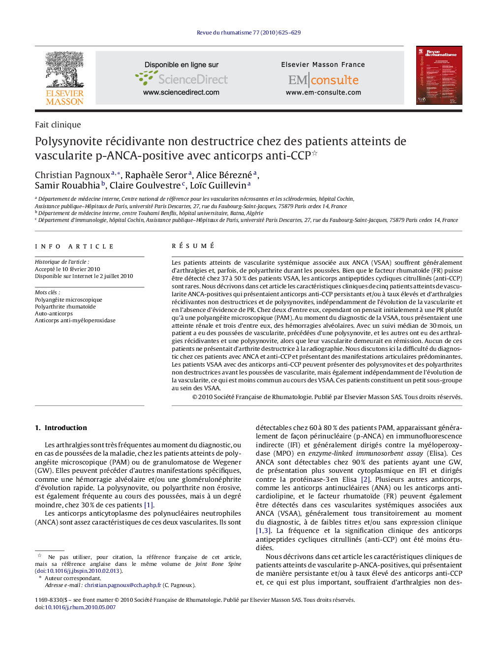 Polysynovite récidivante non destructrice chez des patients atteints de vascularite p-ANCA-positive avec anticorps anti-CCP 