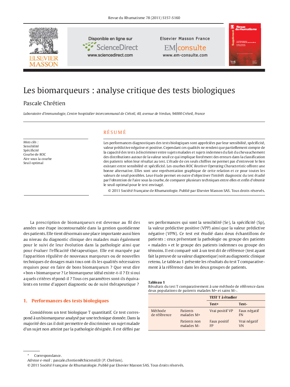 عکس صفحه اول مقاله: Les biomarqueurs : analyse critique des tests biologiques Les biomarqueurs : analyse critique des tests biologiques