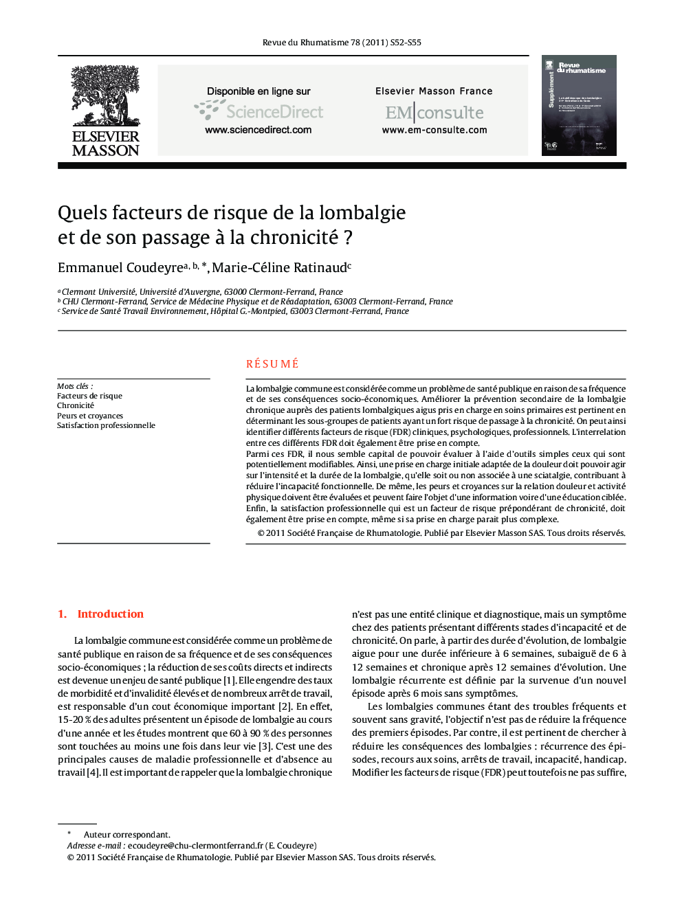 Quels facteurs de risque de la lombalgie et de son passage à la chronicité ?