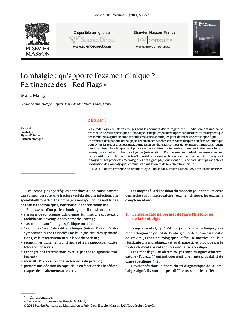 Lombalgie : qu’apporte l’examen clinique ? Pertinence des « Red Flags »