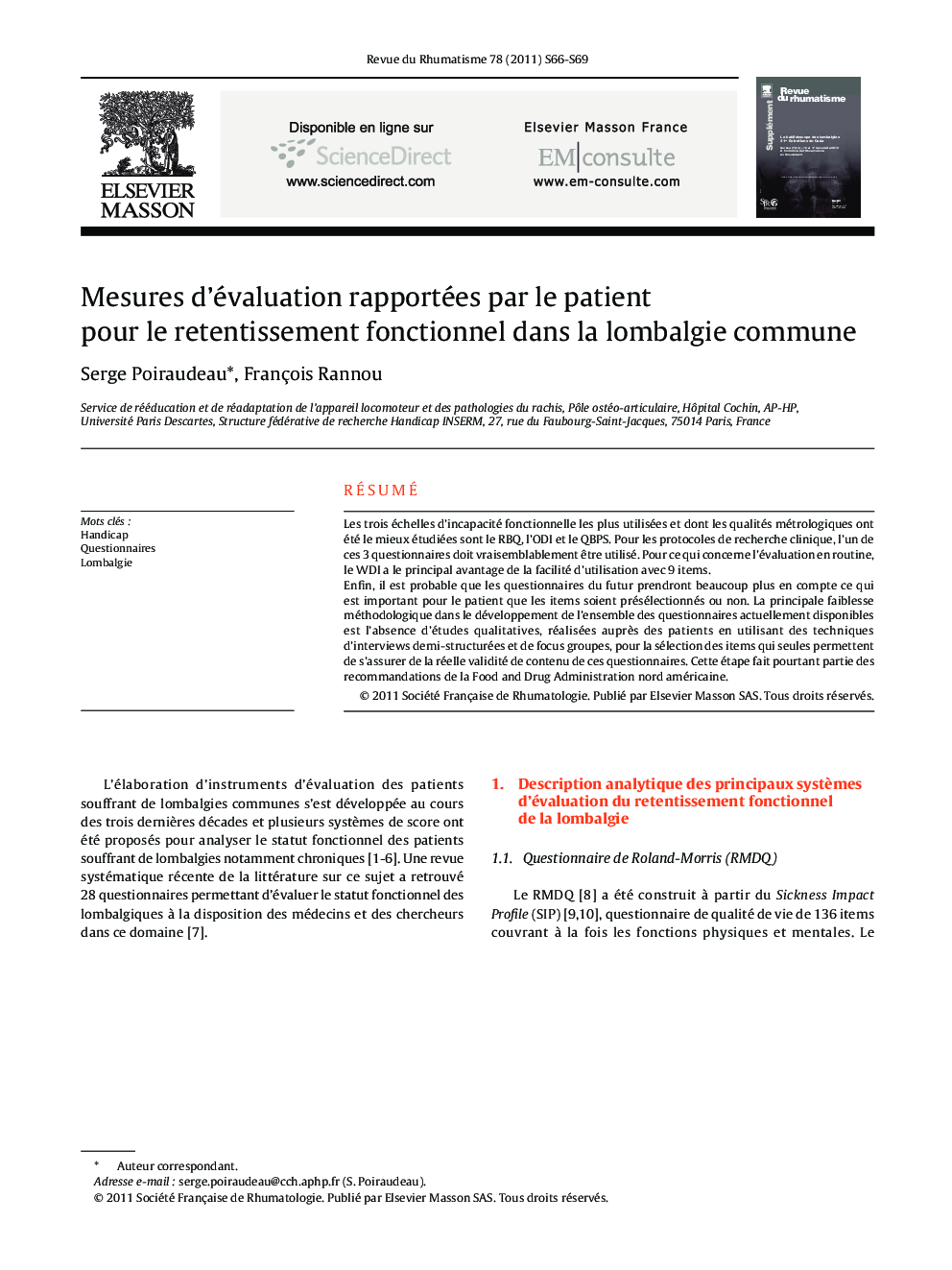 Mesures d’évaluation rapportées par le patient pour le retentissement fonctionnel dans la lombalgie commune