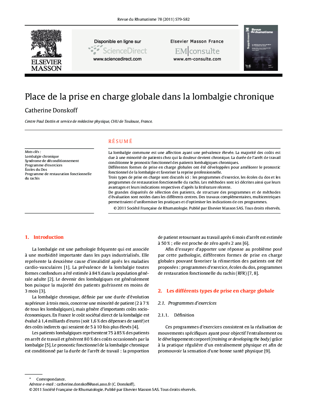 Place de la prise en charge globale dans la lombalgie chronique