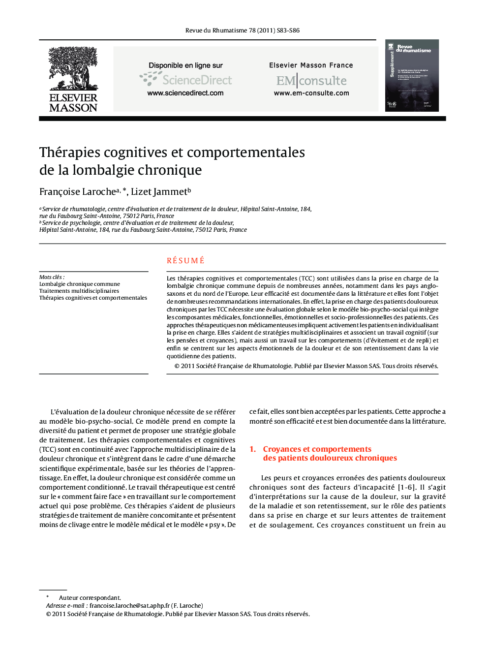 Thérapies cognitives et comportementales de la lombalgie chronique