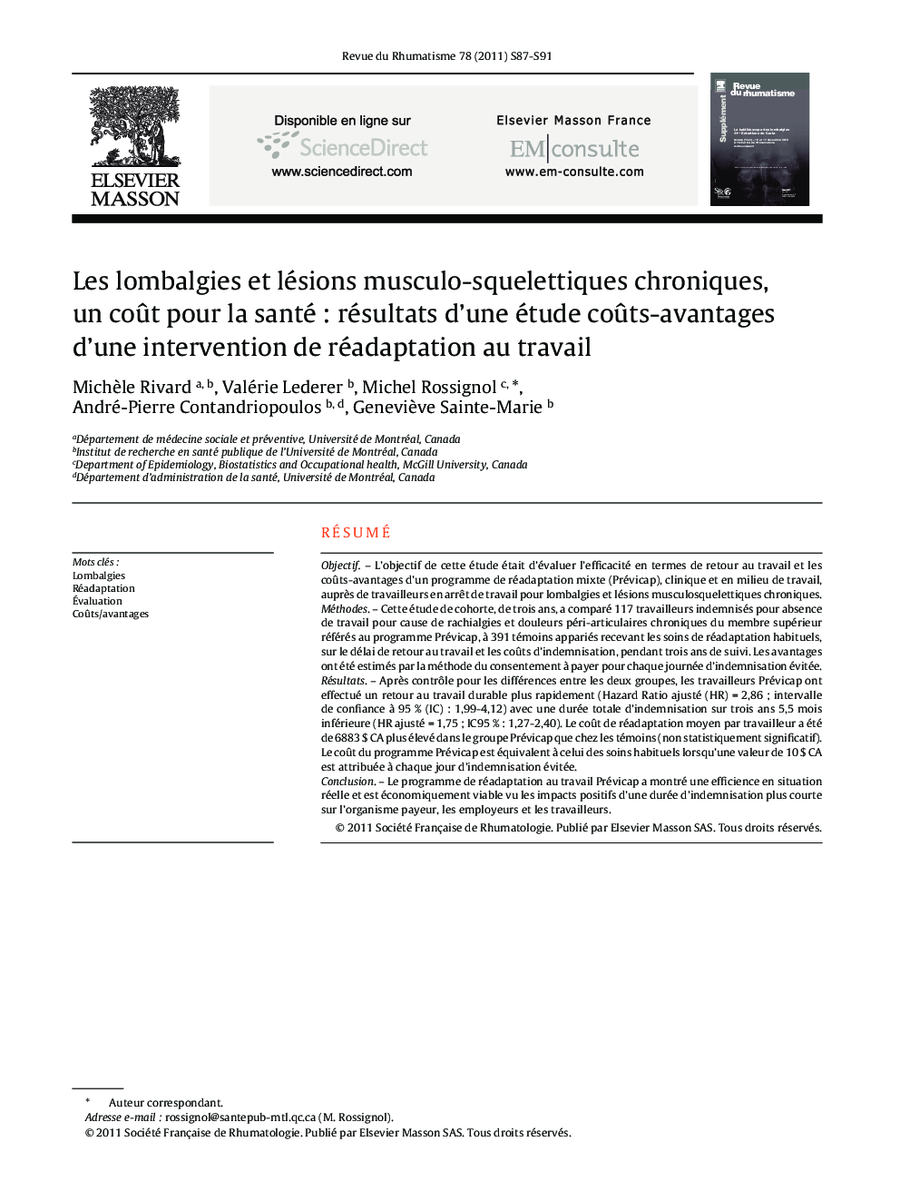 Les lombalgies et lésions musculo-squelettiques chroniques, un coût pour la santé : résultats d’une étude coûts-avantages d’une intervention de réadaptation au travail