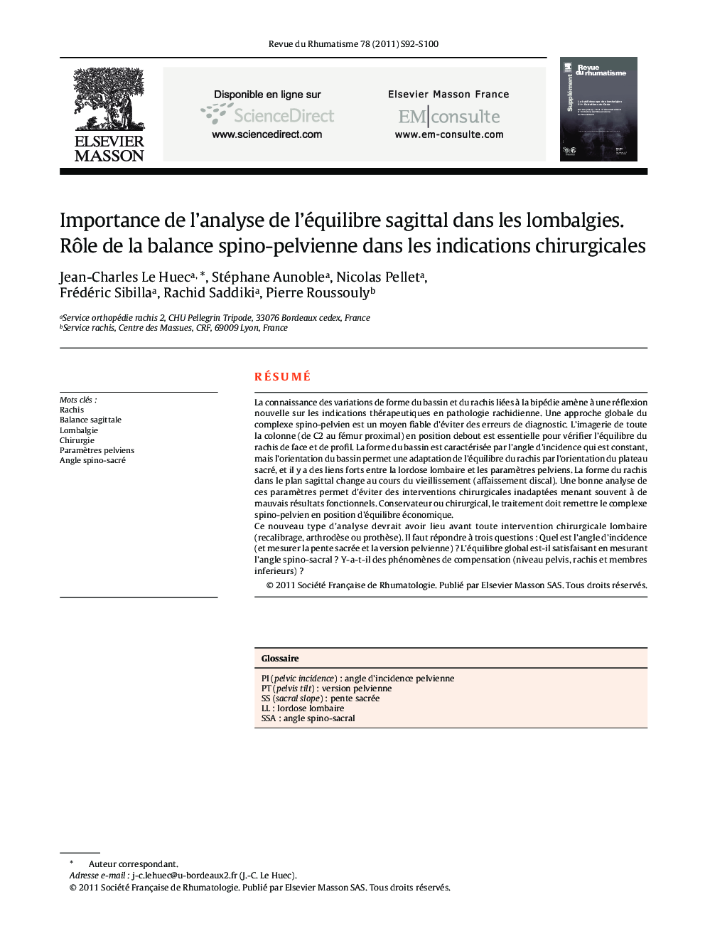 Importance de l’analyse de l’équilibre sagittal dans les lombalgies. Rôle de la balance spino-pelvienne dans les indications chirurgicales