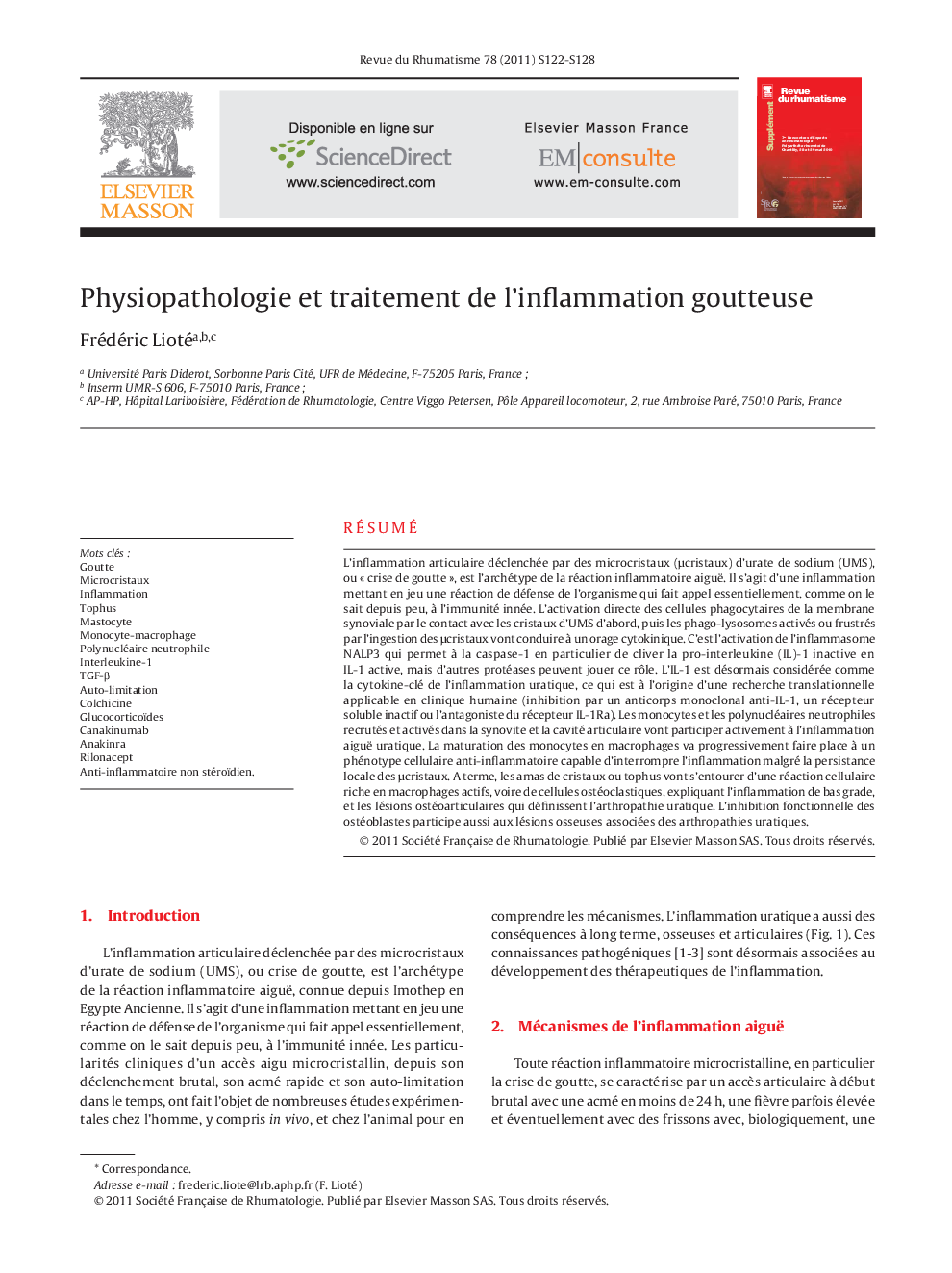 Physiopathologie et traitement de l’inflammation goutteuse