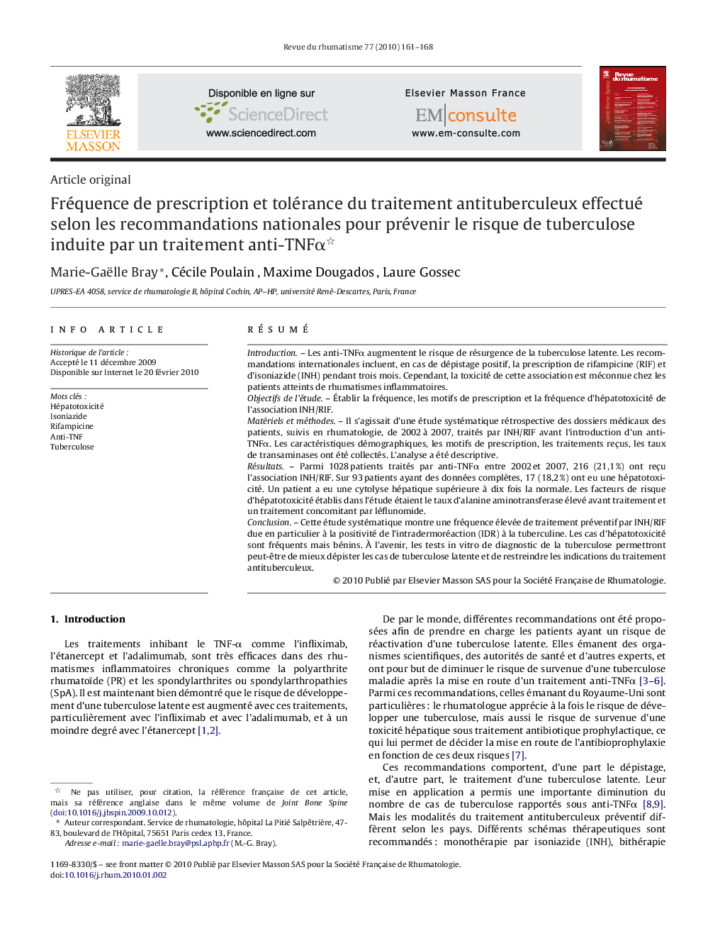 Fréquence de prescription et tolérance du traitement antituberculeux effectué selon les recommandations nationales pour prévenir le risque de tuberculose induite par un traitement anti-TNFα 