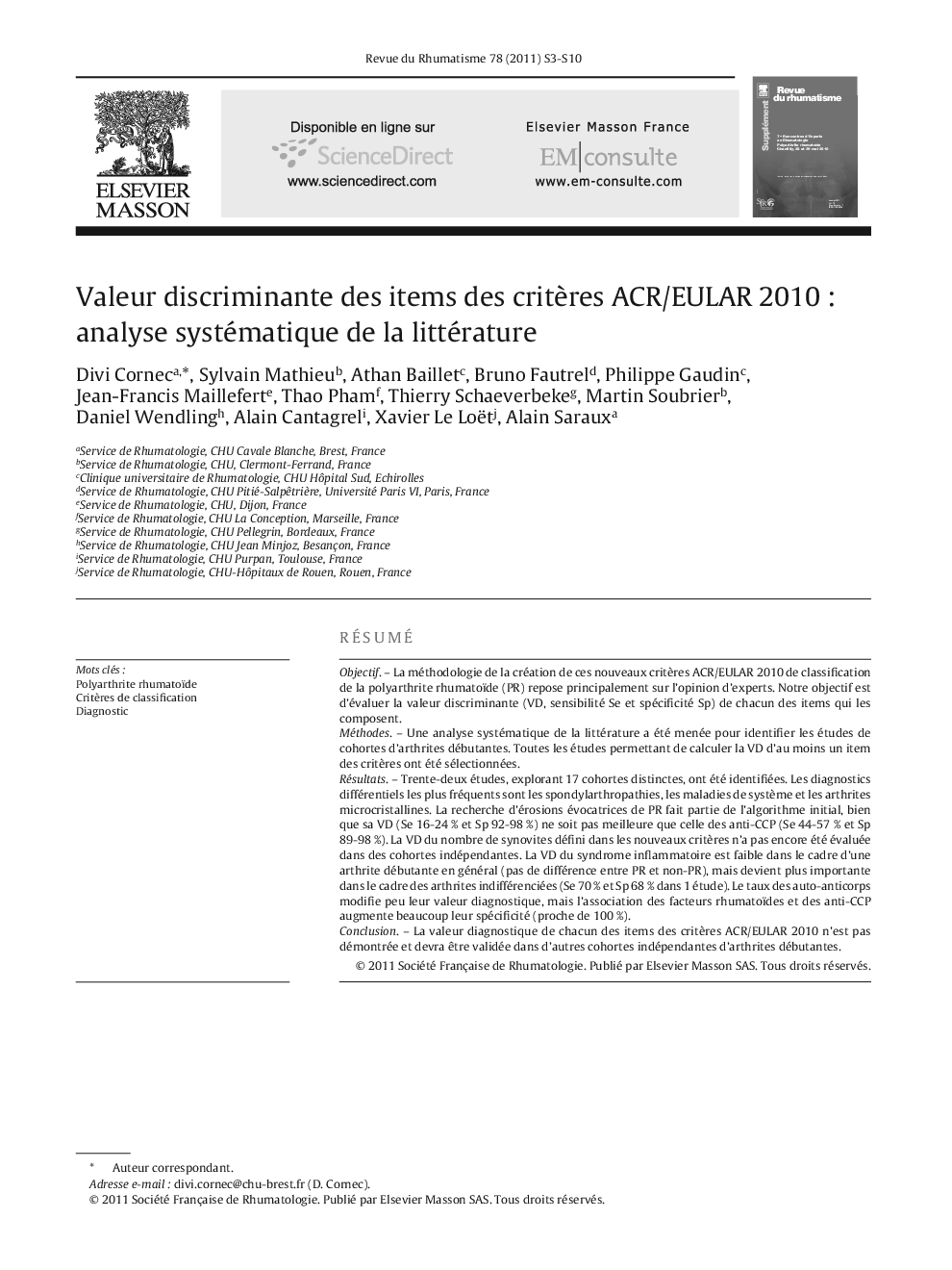 Valeur discriminante des items des critères ACR/EULAR 2010 : analyse systématique de la littérature