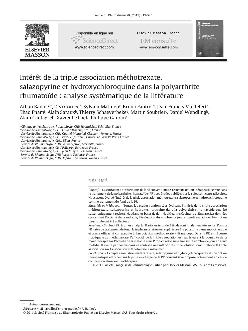 Intérêt de la triple association méthotrexate, salazopyrine et hydroxychloroquine dans la polyarthrite rhumatoïde : analyse systématique de la littérature