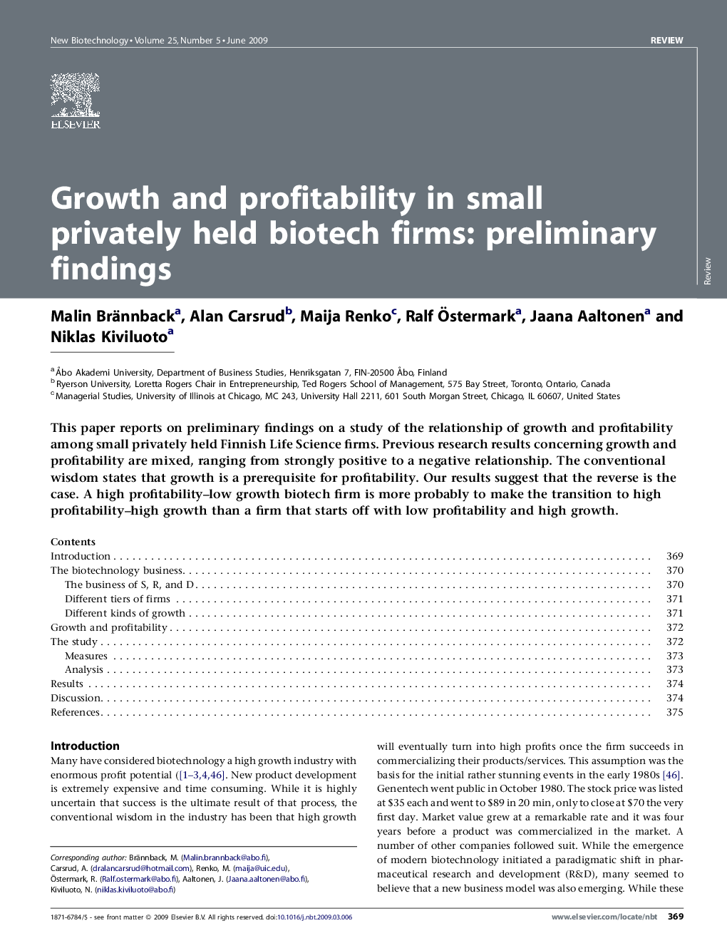 عکس صفحه اول مقاله: Growth and profitability in small privately held biotech firms: preliminary findings Growth and profitability in small privately held biotech firms: preliminary findings