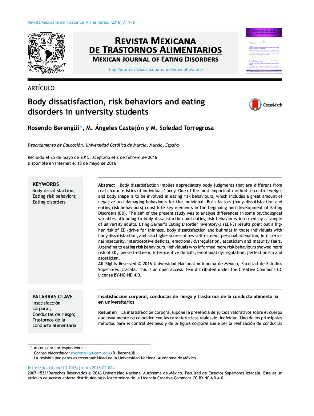 Body dissatisfaction, risk behaviors and eating disorders in university students 