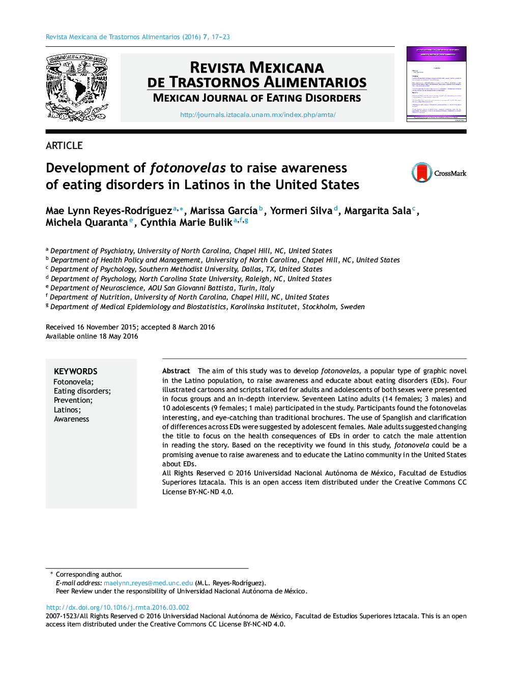Development of fotonovelas to raise awareness of eating disorders in Latinos in the United States 