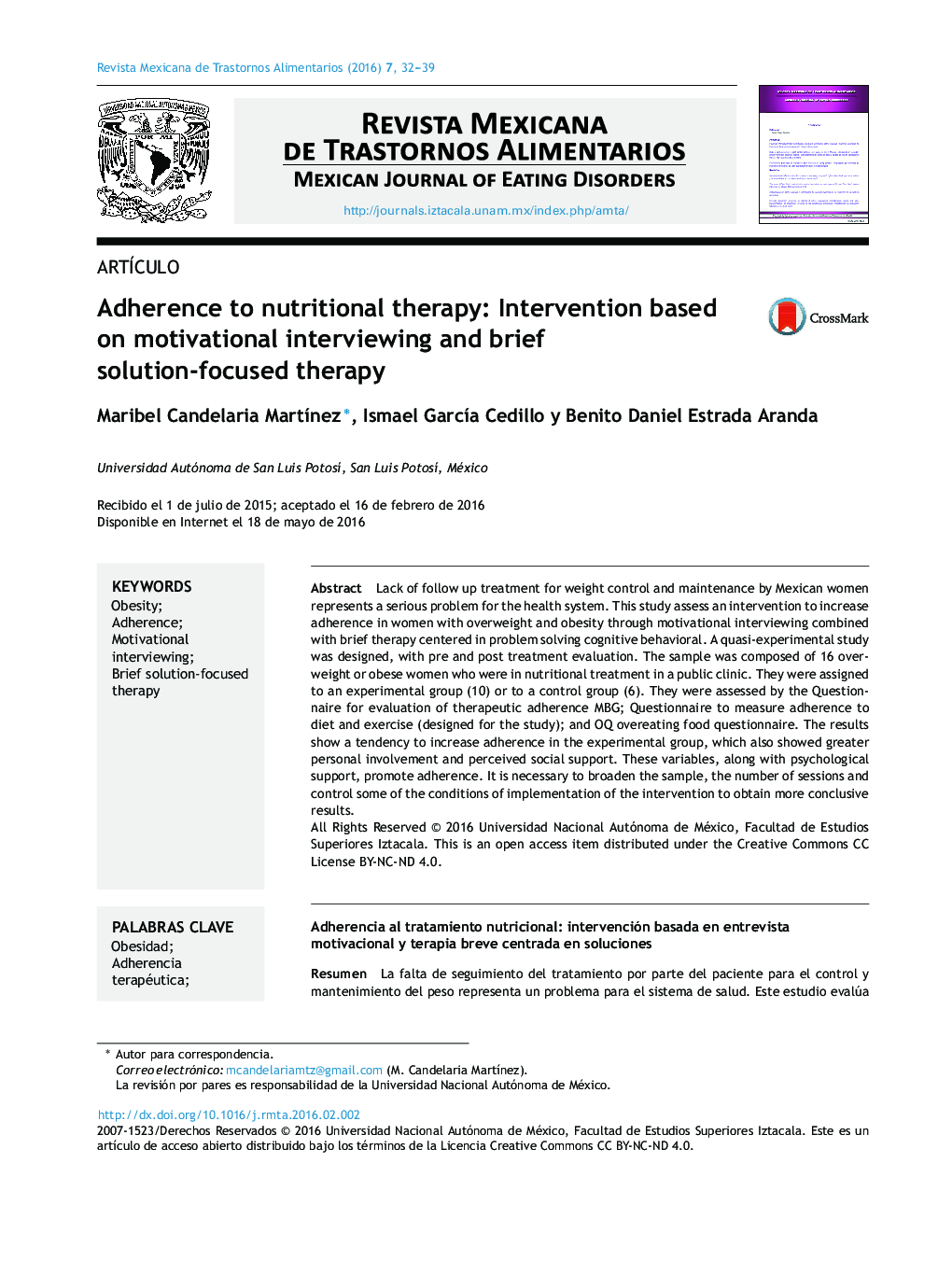 Adherence to nutritional therapy: Intervention based on motivational interviewing and brief solution-focused therapy 