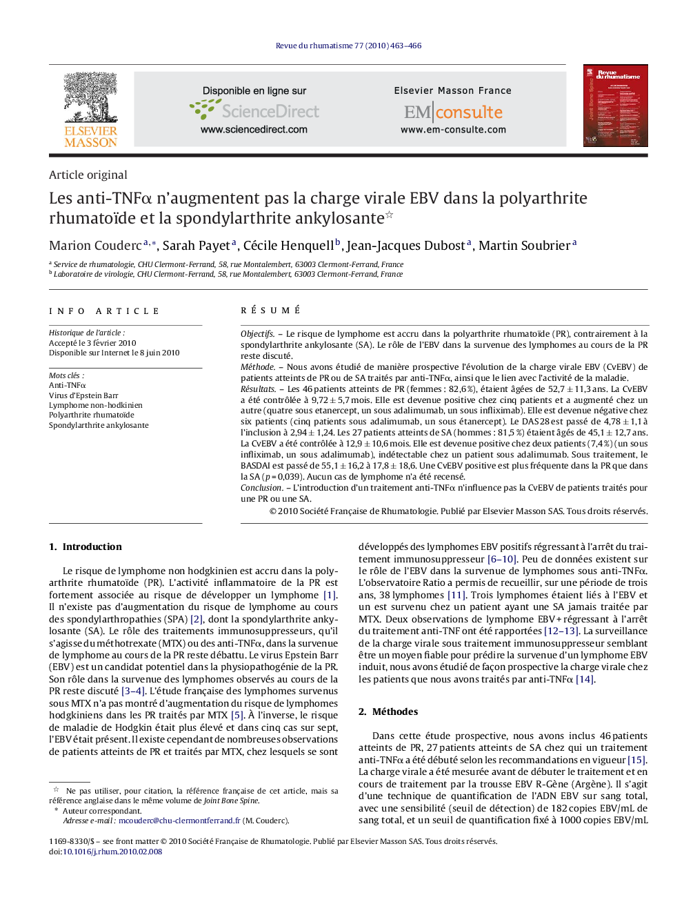 Les anti-TNFα n’augmentent pas la charge virale EBV dans la polyarthrite rhumatoïde et la spondylarthrite ankylosante 