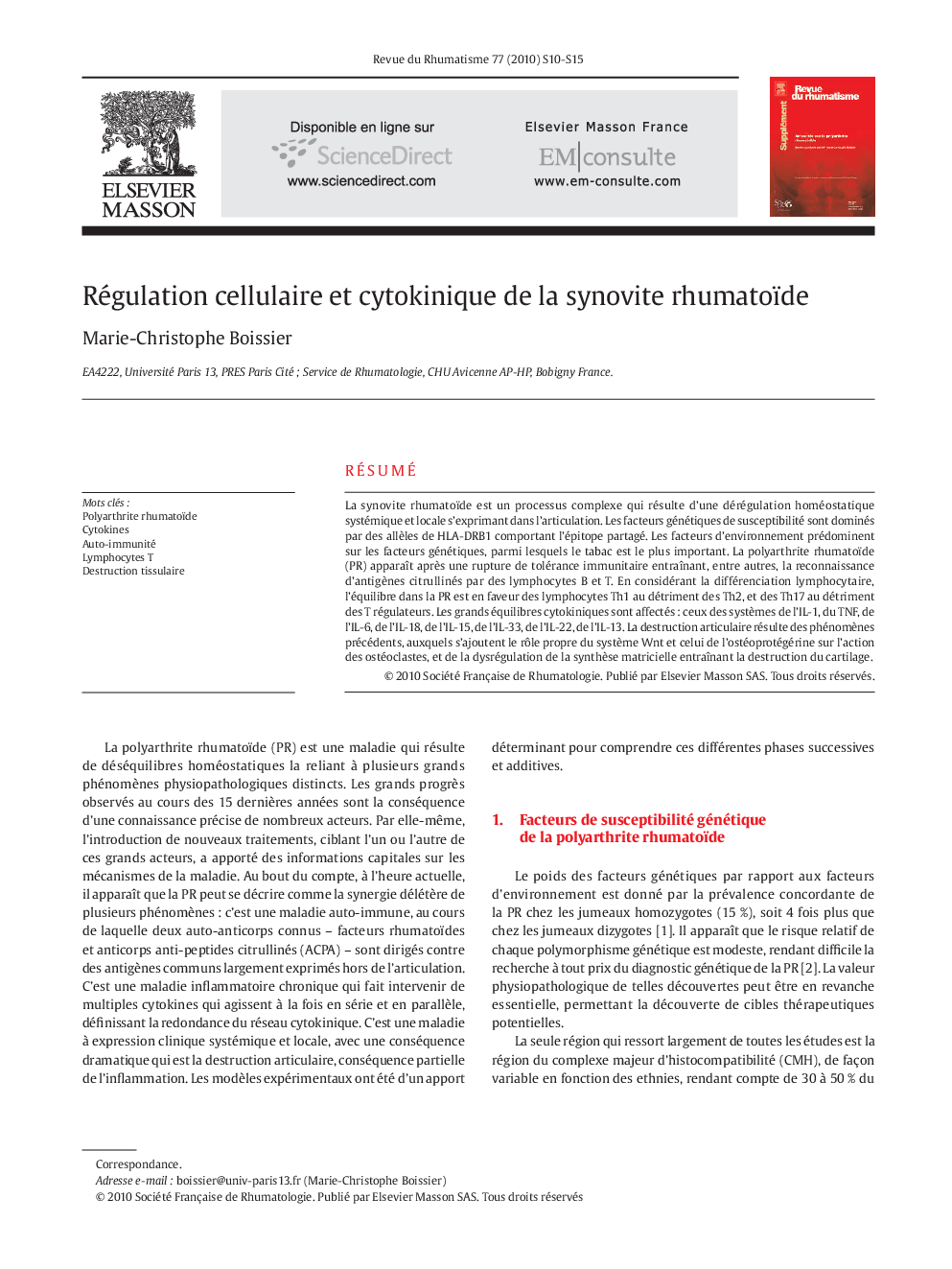 Régulation cellulaire et cytokinique de la synovite rhumatoïde