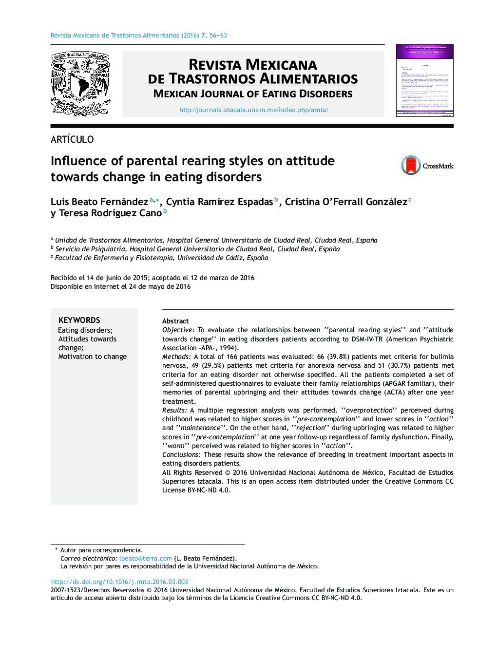 Influence of parental rearing styles on attitude towards change in eating disorders 