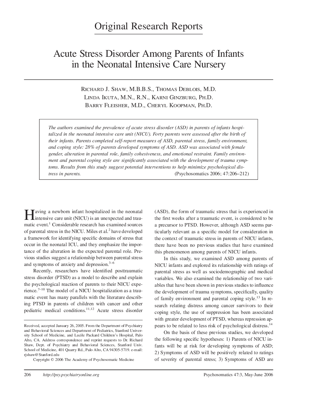 Acute Stress Disorder Among Parents of Infants in the Neonatal Intensive Care Nursery