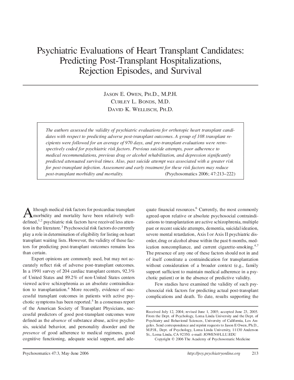 Psychiatric Evaluations of Heart Transplant Candidates: Predicting Post-Transplant Hospitalizations, Rejection Episodes, and Survival