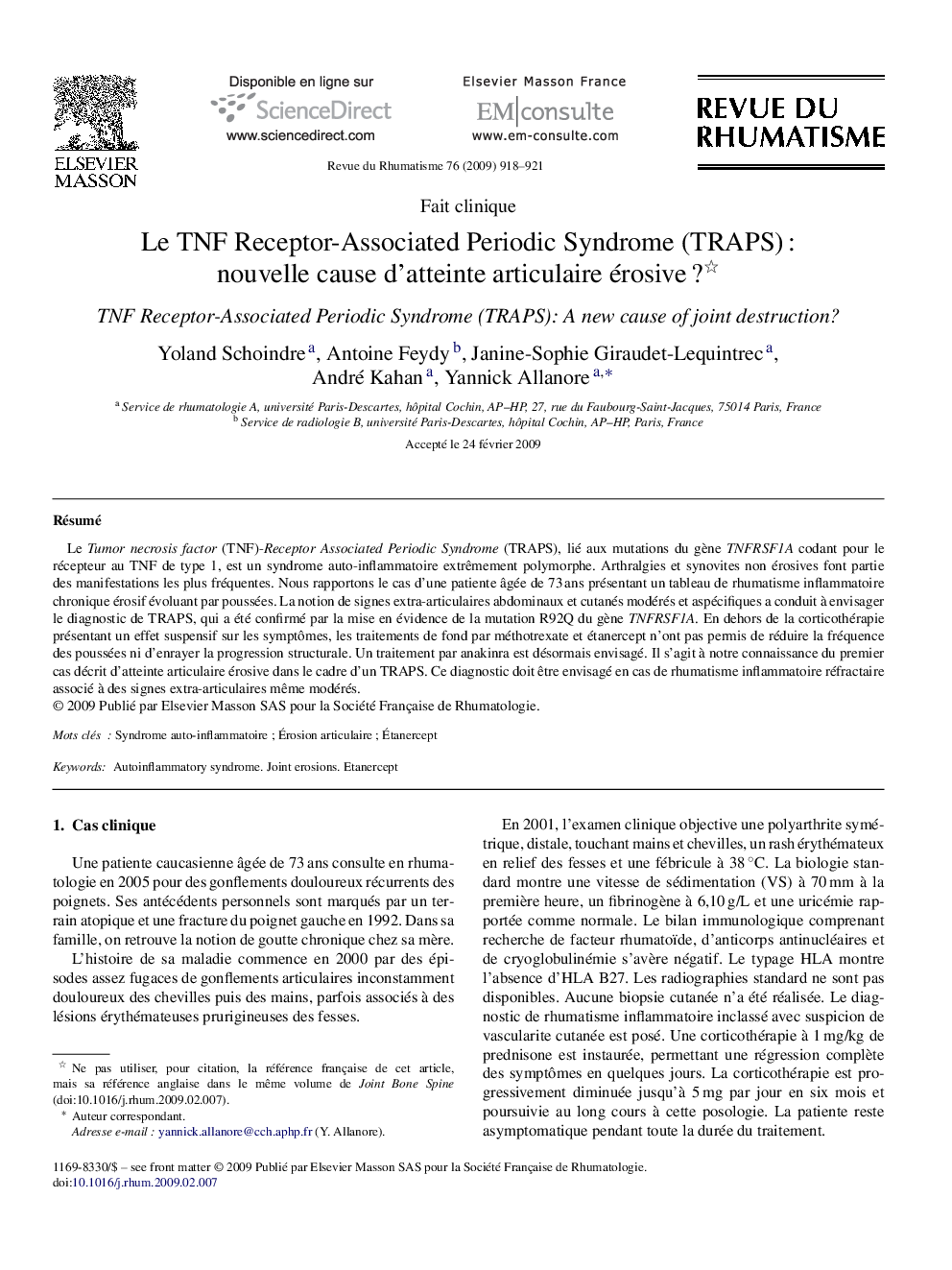 Le TNF Receptor-Associated Periodic Syndrome (TRAPS) : nouvelle cause d’atteinte articulaire érosive ? 