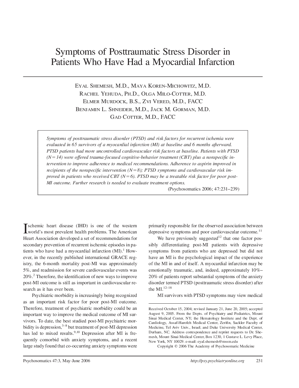 Symptoms of Posttraumatic Stress Disorder in Patients Who Have Had a Myocardial Infarction