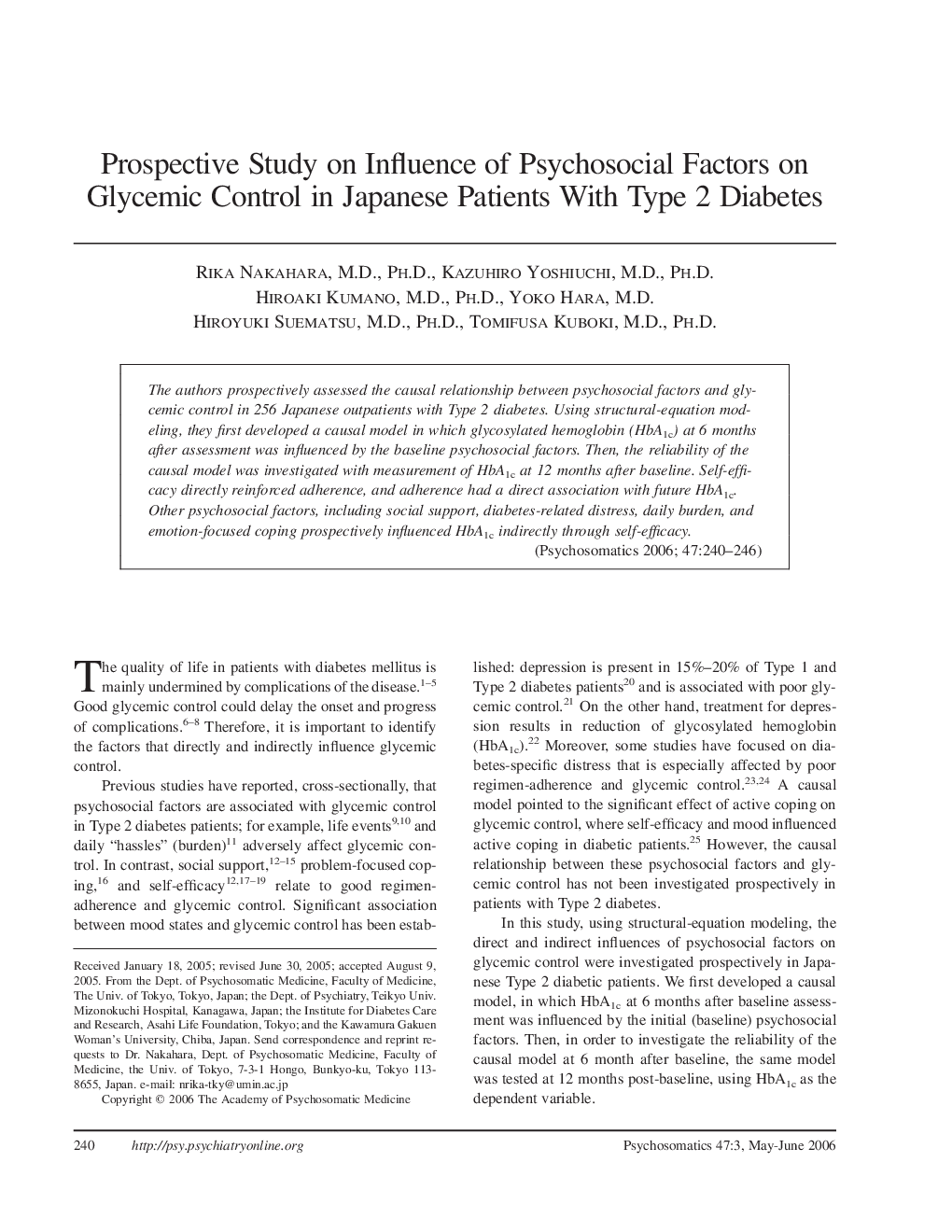 Prospective Study on Influence of Psychosocial Factors on Glycemic Control in Japanese Patients With Type 2 Diabetes