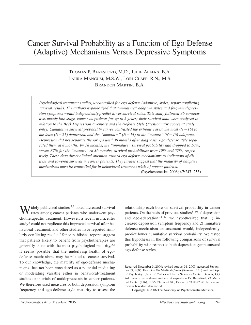 Cancer Survival Probability as a Function of Ego Defense (Adaptive) Mechanisms Versus Depressive Symptoms