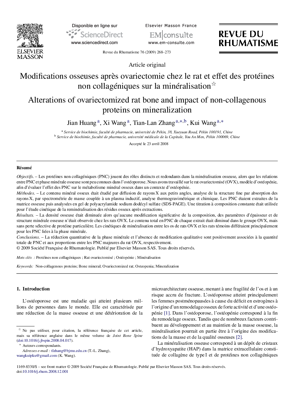 Modifications osseuses après ovariectomie chez le rat et effet des protéines non collagéniques sur la minéralisation 