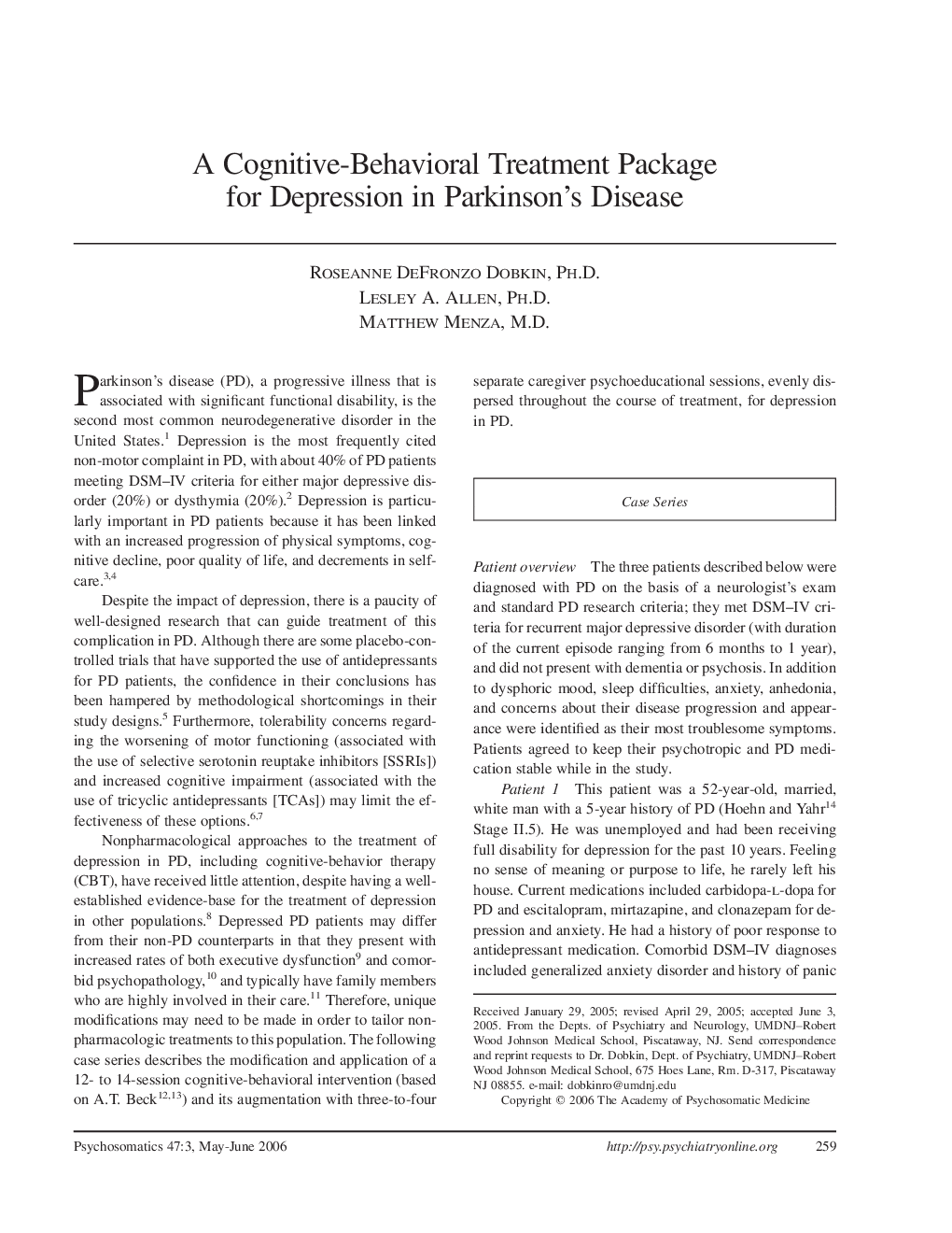 A Cognitive-Behavioral Treatment Package for Depression in Parkinson's Disease