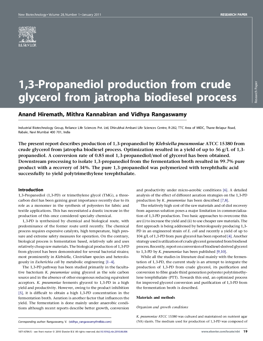 1,3-Propanediol production from crude glycerol from jatropha biodiesel process