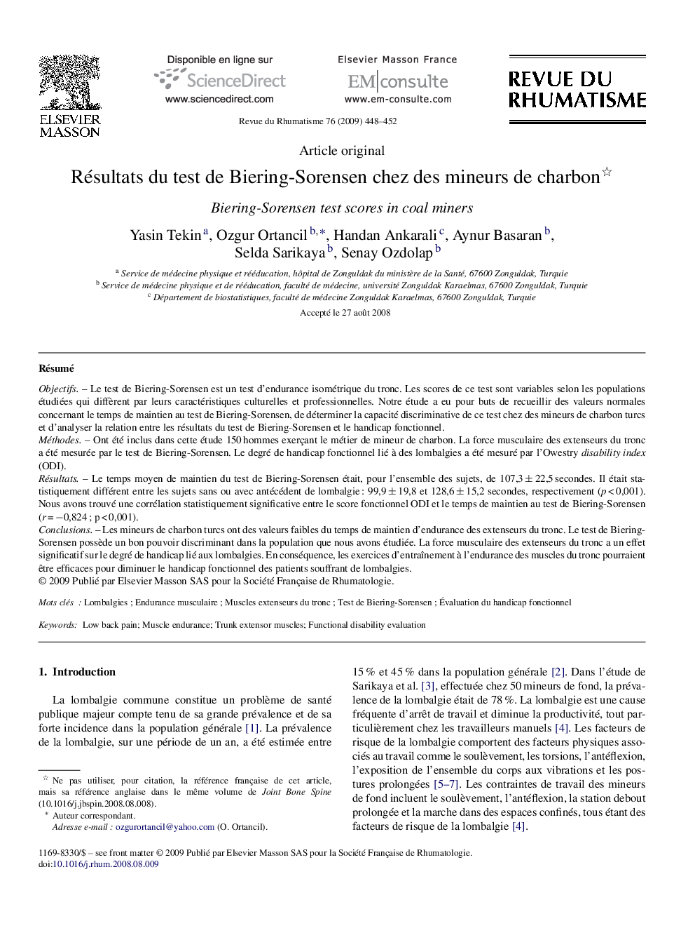 Résultats du test de Biering-Sorensen chez des mineurs de charbon 