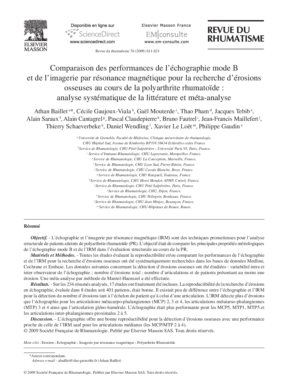 Comparaison des performances de l’échographie mode B et de l’imagerie par résonance magnétique pour la recherche d’érosions osseuses au cours de la polyarthrite rhumatoïde : analyse systématique de la littérature et méta-analyse