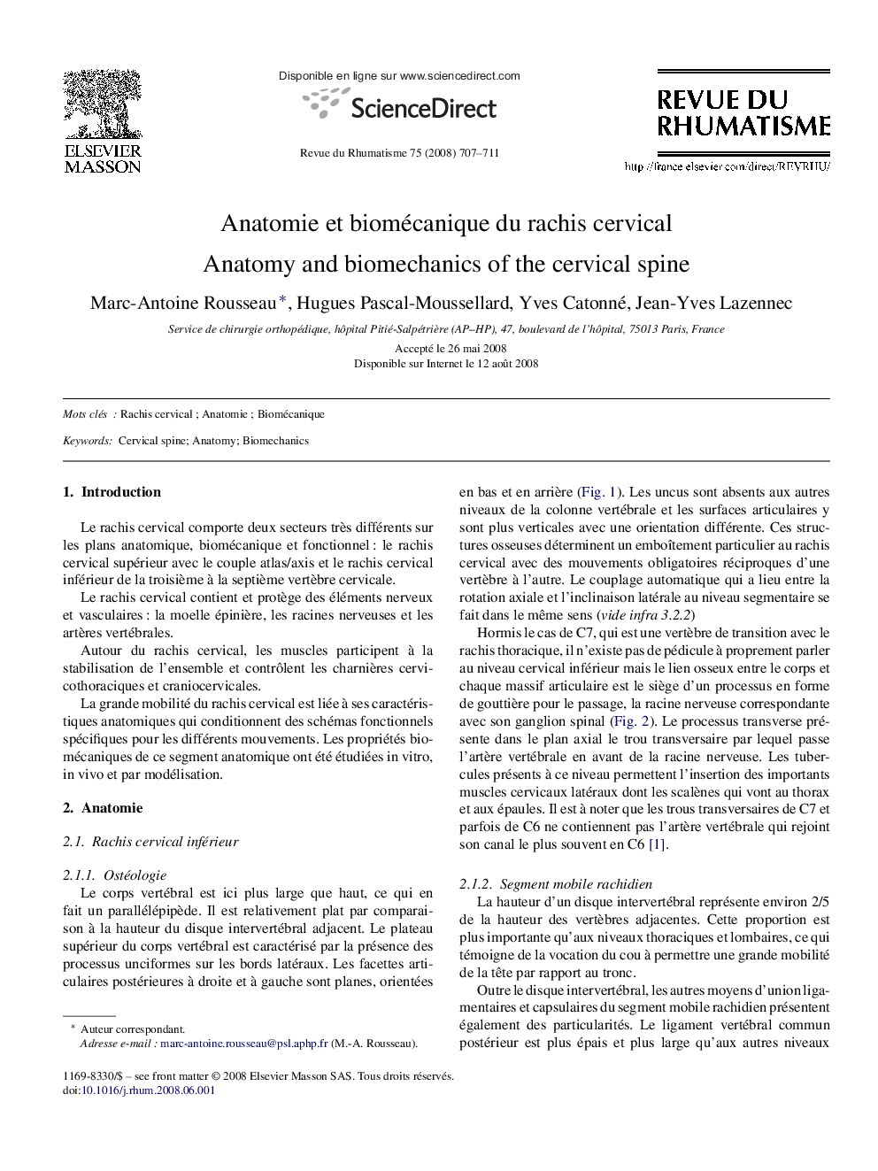 Anatomie et biomécanique du rachis cervical