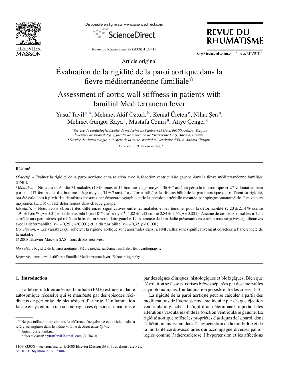 Ãvaluation de la rigidité de la paroi aortique dans la fiÃ¨vre méditerranéenne familiale