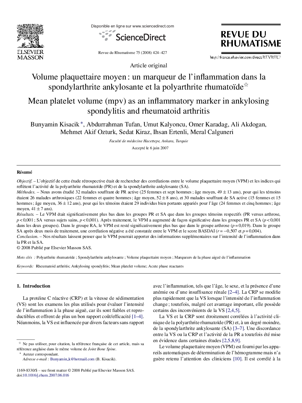 Volume plaquettaire moyenÂ : un marqueur de l'inflammation dans la spondylarthrite ankylosante et la polyarthrite rhumatoïde