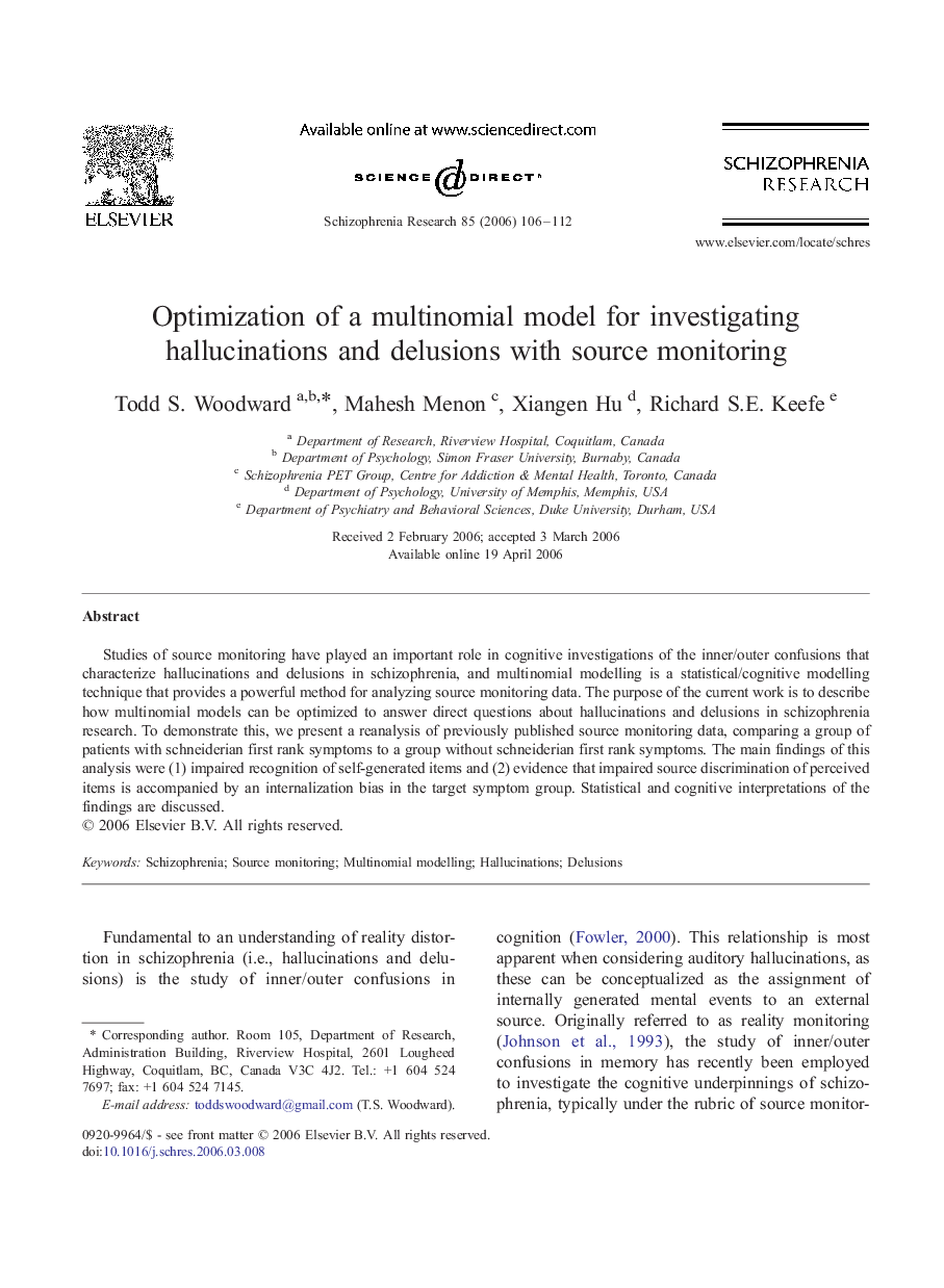 Optimization of a multinomial model for investigating hallucinations and delusions with source monitoring