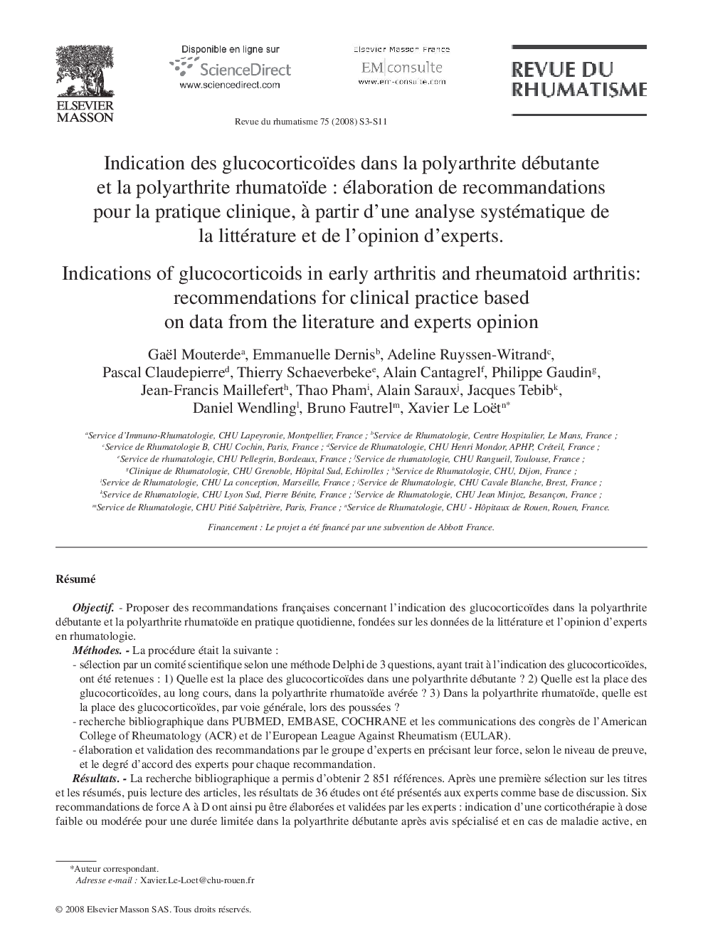 Indication des glucocorticoïdes dans la polyarthrite débutante et la polyarthrite rhumatoïde : élaboration de recommandations pour la pratique clinique, à partir d’une analyse systématique de la littérature et de l’opinion d’experts