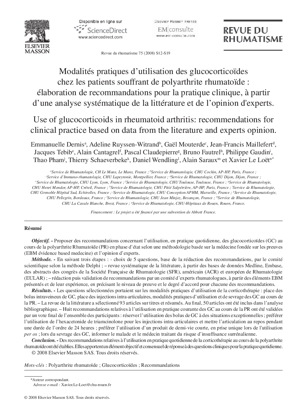 Modalités pratiques d’utilisation des glucocorticoïdes chez les patients souffrant de polyarthrite rhumatoïde : élaboration de recommandations pour la pratique clinique, à partir d’une analyse systématique de la littérature et de l’opinion d’experts
