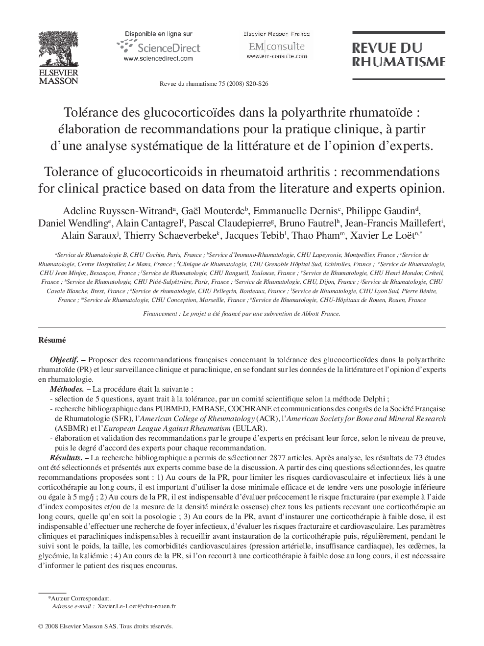 Tolérance des glucocorticoïdes dans la polyarthrite rhumatoïde : élaboration de recommandations pour la pratique clinique, à partir d’une analyse systématique de la littérature et de l’opinion d’experts
