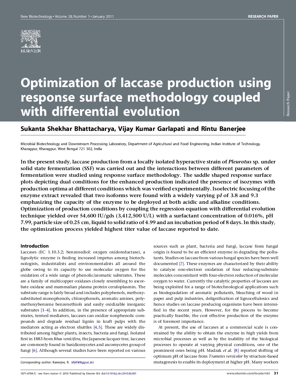 عکس صفحه اول مقاله: Optimization of laccase production using response surface methodology coupled with differential evolution Optimization of laccase production using response surface methodology coupled with differential evolution