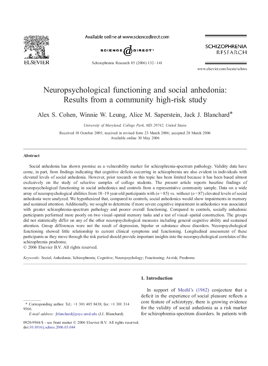 Neuropsychological functioning and social anhedonia: Results from a community high-risk study