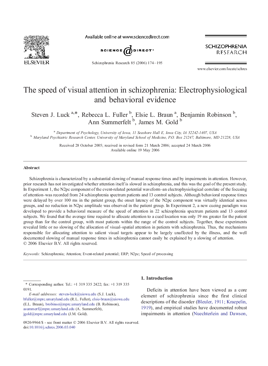 The speed of visual attention in schizophrenia: Electrophysiological and behavioral evidence