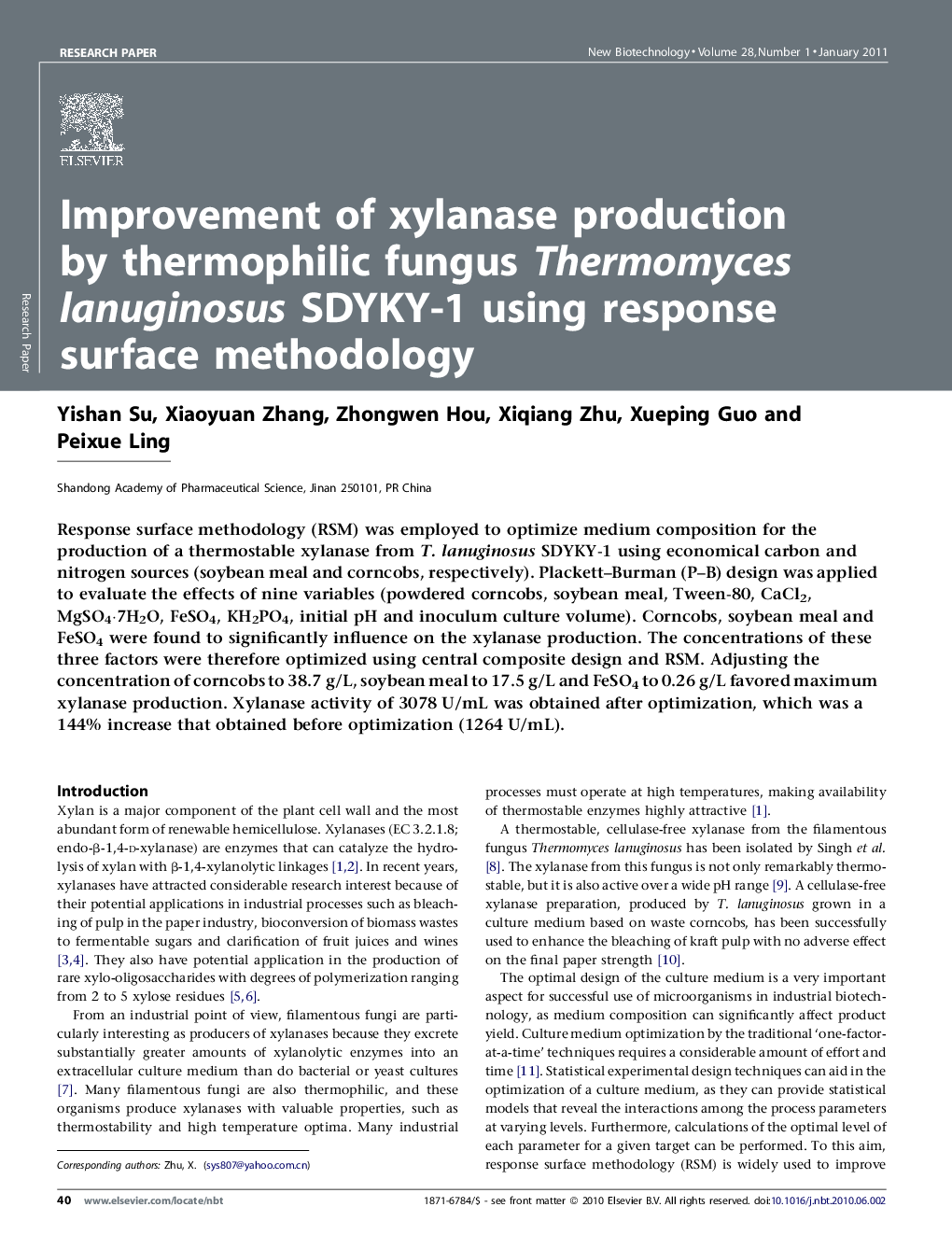 عکس صفحه اول مقاله: Improvement of xylanase production by thermophilic fungus Thermomyces lanuginosus SDYKY-1 using response surface methodology Improvement of xylanase production by thermophilic fungus Thermomyces lanuginosus SDYKY-1 using response surface methodology