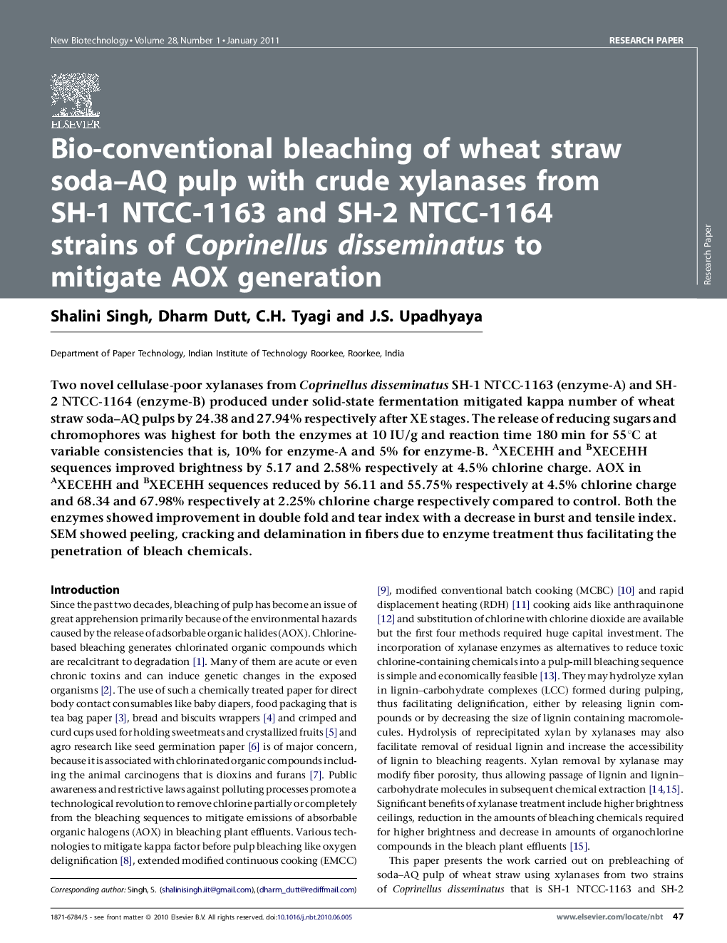 Bio-conventional bleaching of wheat straw soda–AQ pulp with crude xylanases from SH-1 NTCC-1163 and SH-2 NTCC-1164 strains of Coprinellus disseminatus to mitigate AOX generation