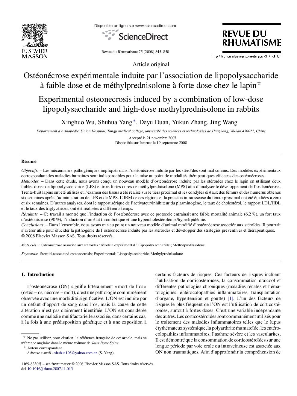 Ostéonécrose expérimentale induite par l'association de lipopolysaccharide Ã  faible dose et de méthylprednisolone Ã  forte dose chez le lapin